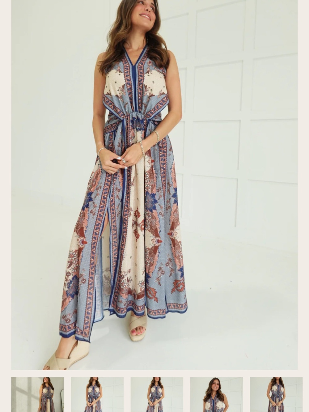 Boho Floral Maxi Dress in Blue and Cream